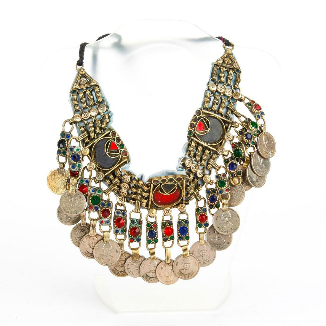 20TH C. PAKISTAN KUCHI CHOKER NECKLACE: Traditional ethnic design, w. inset beads, hanging coins. Coins are of Pakistani origin. Total weight is approximately 312.4g. Issued: 20th c. Dimensions: 30"L, overall Country of Origin: Pakistan
