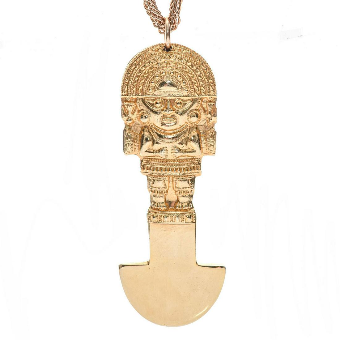GOLD PLATED PERUVIAN INCA TUMI NECKLACE: Stamped to back, gold plated made in Peru. Issued: c. 1980 Dimensions: 26"L Country of Origin: Peru Provenance: David Farin Collection