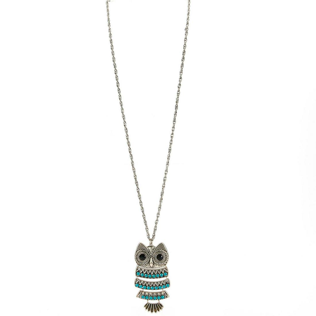 SILVER CHAIN NECKLACE W. OWL PENDANT: Double link silver chain, w. 5 link owl pendant, inset stones. Oxidation/patina present consistent with age. Total weight is approximately 67.2g. Issued: 20th c. Dimensions: 36"L