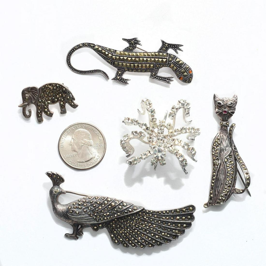 GROUP OF FIVE VINTAGE MARCASITE PENDANT BROOCH PINS: Cat, spider, elephant, peacock and gecko lizard. Two with stones. Issued: c. 1980 Dimensions: 3"L, largest