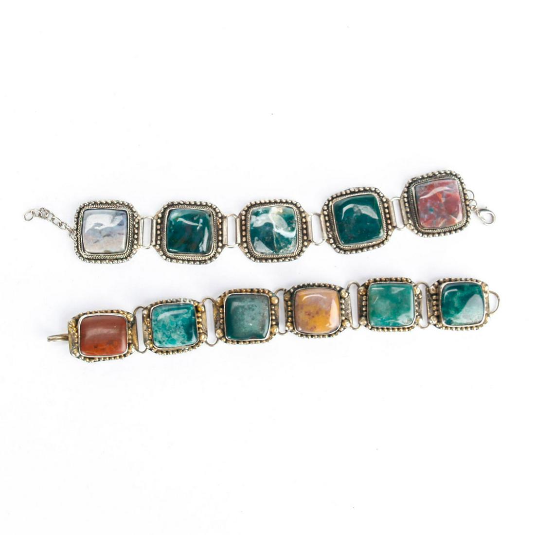 2 20TH C. INDIAN INSET STONE LINK BRACELETS: Silver tone metal links w. inset semi-precious stones. One bracelet has Made in India sticker to back. Issued: 20th c. Dimensions: 8"L, 9"L Country of Origin: India
