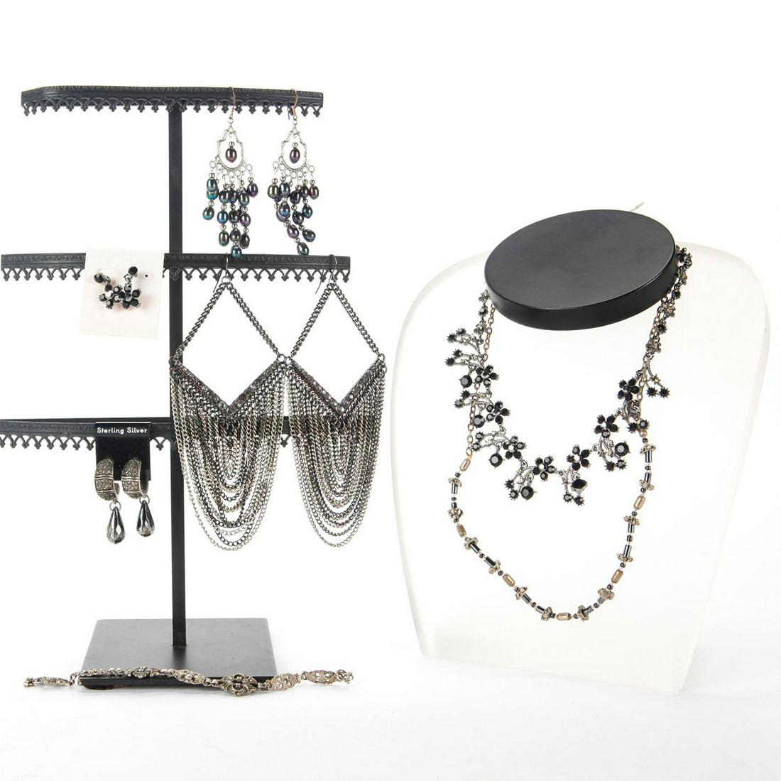 AUSTRIAN CRYSTAL MARCASITE JEWELRY SET: Hematite. 2 necklaces, bracelet, 3 earrings. Total weight 144g. Bracelet size 6", necklace sizes 20" 24". Issued: 20th c. Dimensions: Total weight 144g.