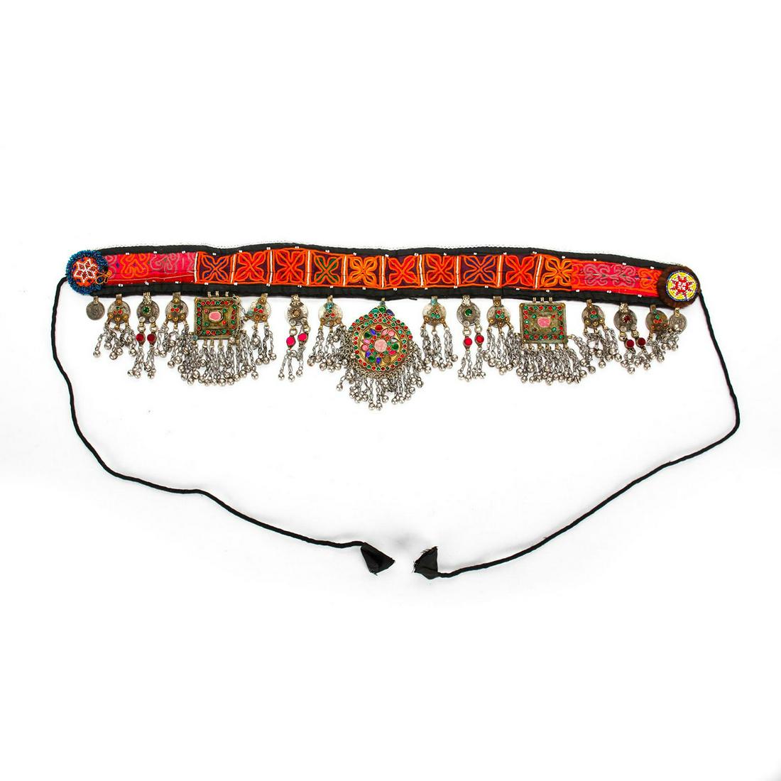 ORNATE 20TH C. KUCHI TRIBAL BELLY DANCE BELT: Embroidered fabric w. beadwork, hanging adornments, coins. Coins are of Afghani and Pakistani origin. Belt is missing a few inset beads on adornments. Issued: 20th c. Dimensions: 72"L, overall Country