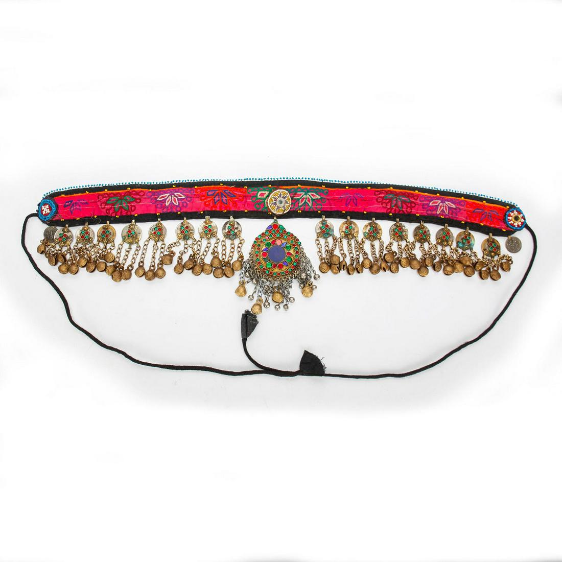 ORNATE 20TH C. KUCHI TRIBAL BELLY DANCE BELT: Embroidered fabric w. beadwork, hanging adornments, coins. Coins are of Afghani and Pakistani origin. Belt is missing a few inset beads on adornments. Issued: 20th c. Dimensions: 72"L, overall Country