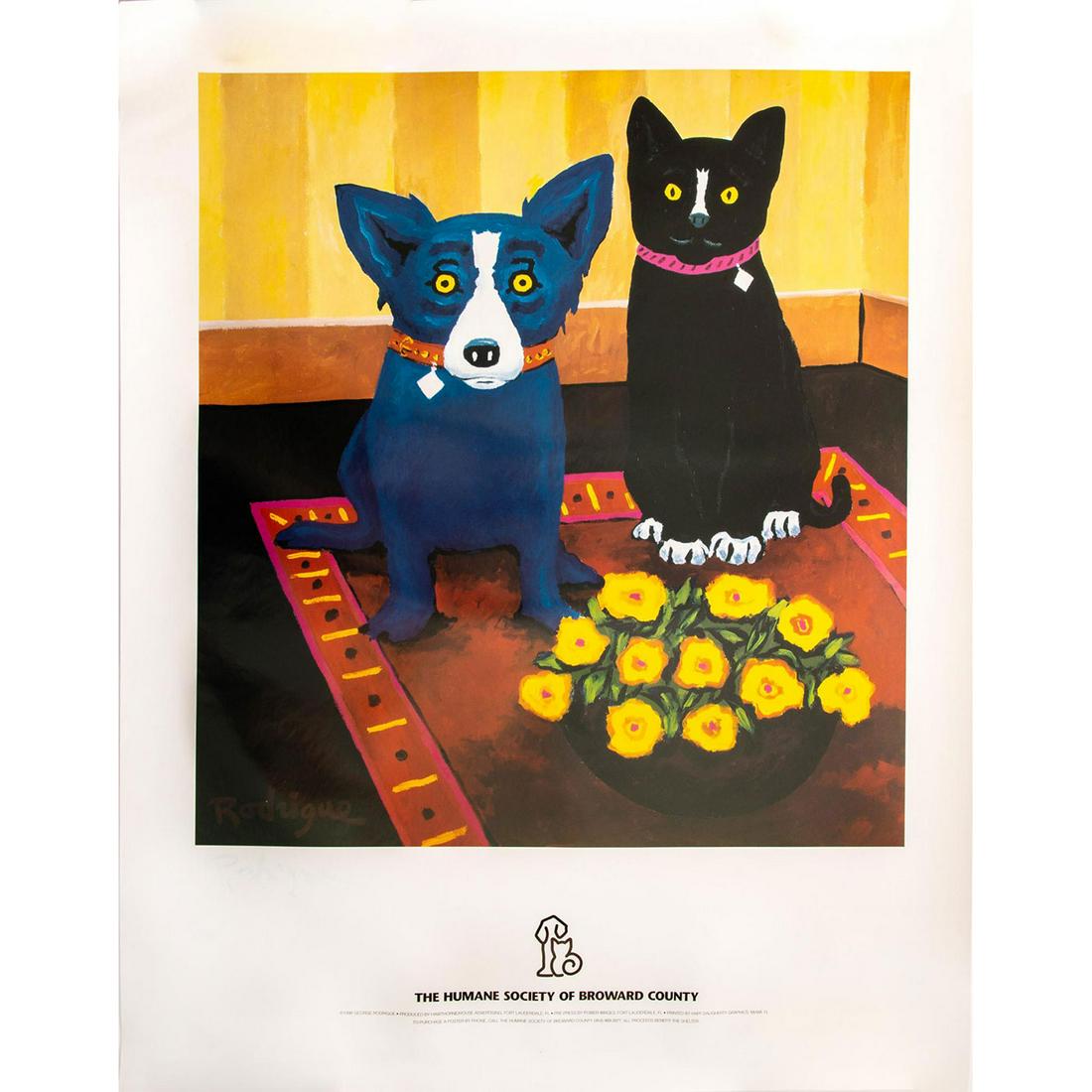 GEORGE RODRIGUE HUMANE SOCIETY POSTER, BLUE DOG AND CAT: Artist hand signed. Exclusive release for 1999 animal benefit. This is an exclusive edition poster produced in 1999 by American Cajun artist George Rodrigue (1944-2013) to benefit the Humane Society o
