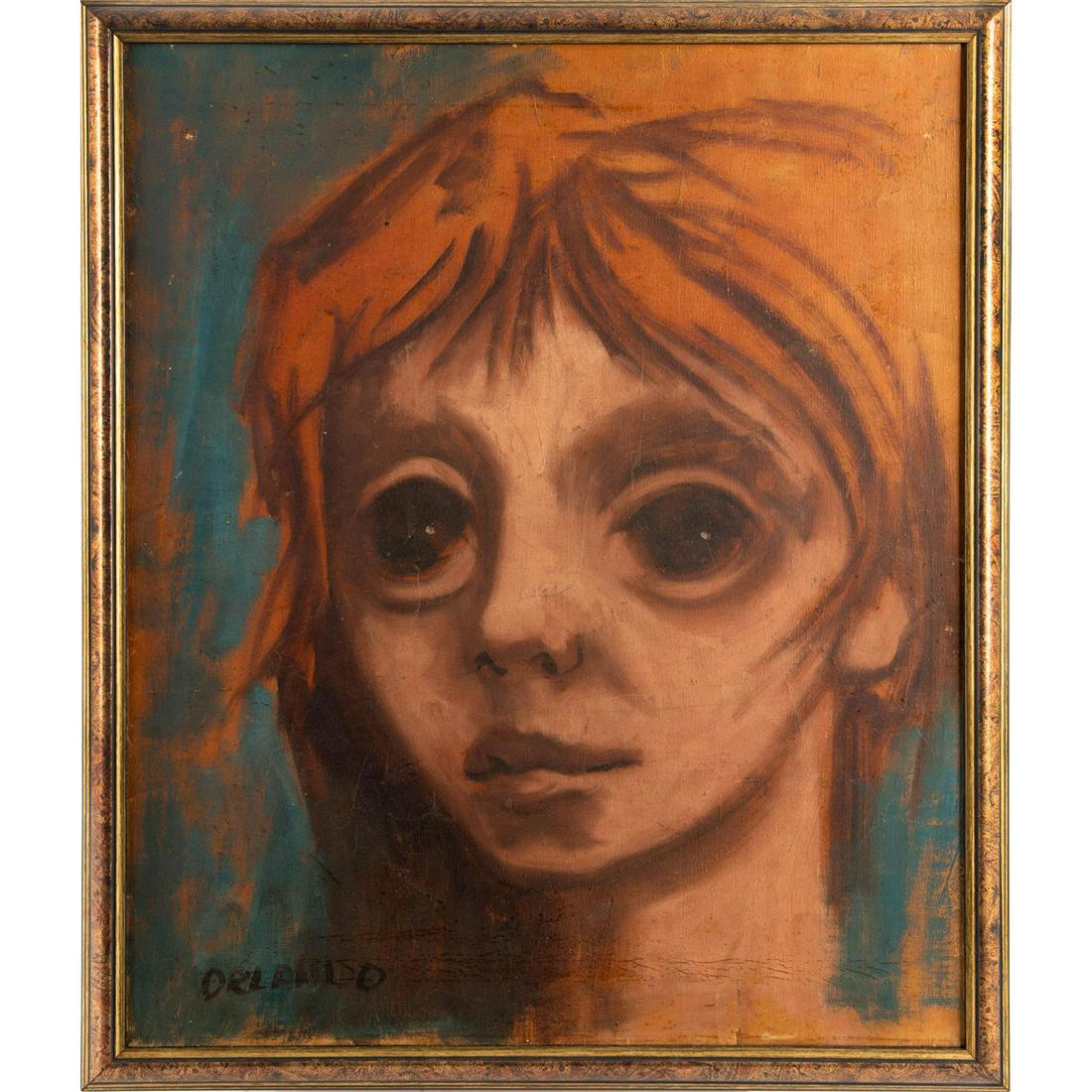ACRYLIC PAINTING, LADY WITH MARGARET KEANE STYLE EYES: Lady with serious expression and large eyes. Resembling the work of Margaret Keane. Signed Orlando. Issued: 20th c. Dimensions: 26"L x 22.5"W