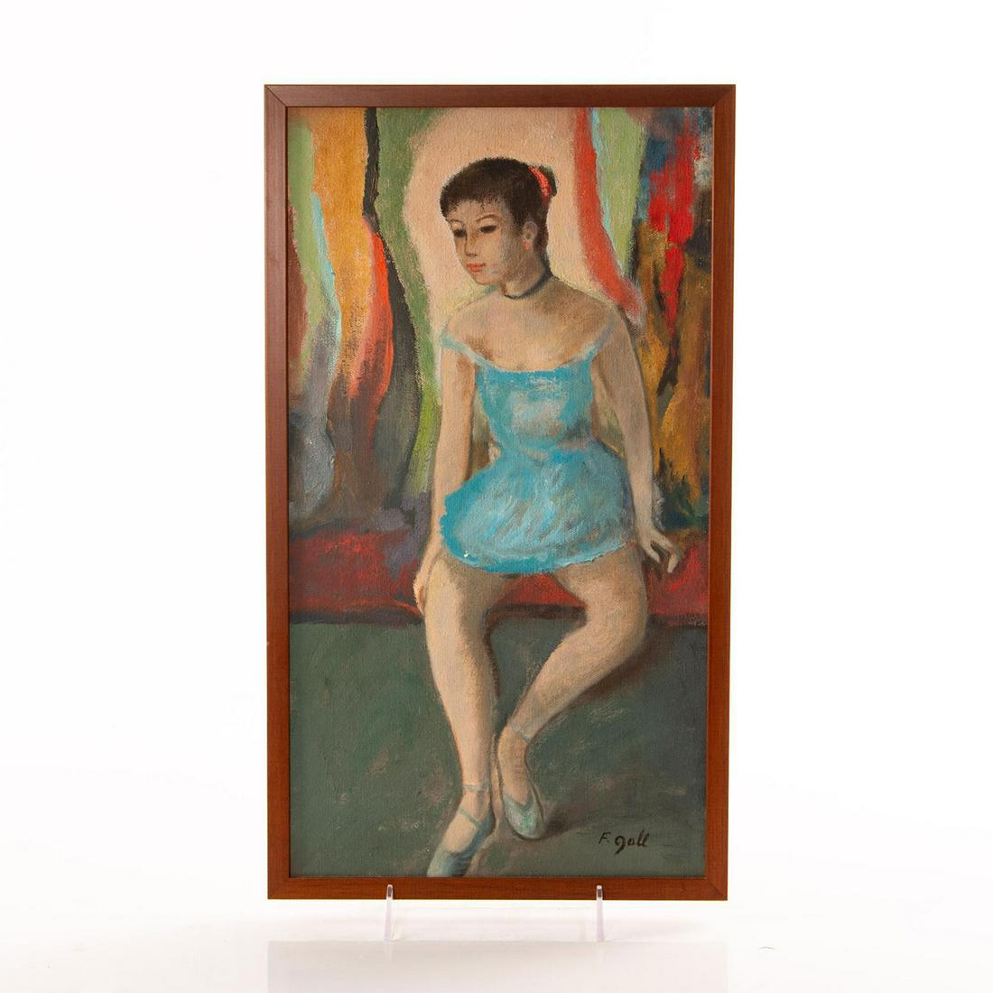 FRAMED FRANCOIS GALL STYLE, OIL ON CANVAS: Ballerina in blue. Artist signed. Hardware to back. Issued: 20th c. Dimensions: 18.75"H x 10.75"W