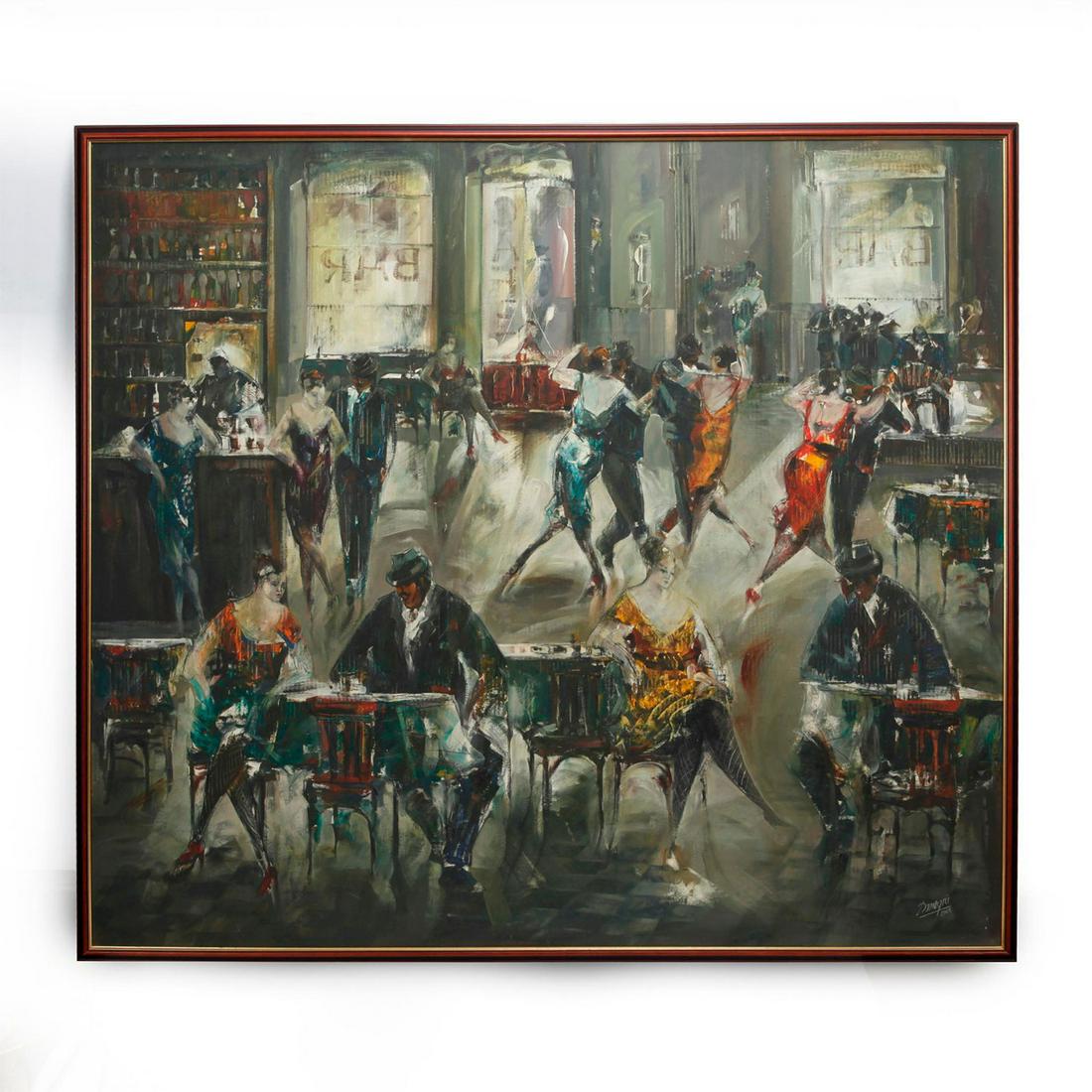OIL PAINTING BY ADRIAN DENEGRI, EL ENCUENTRO: Large painting of people in cafe bar dancing the tango. Signed on the front and back. Artist: Adrian Denegri Issued: 2007 Dimensions: 56"L x 64"W Country of Origin: Argentina Provenance: David Farin C