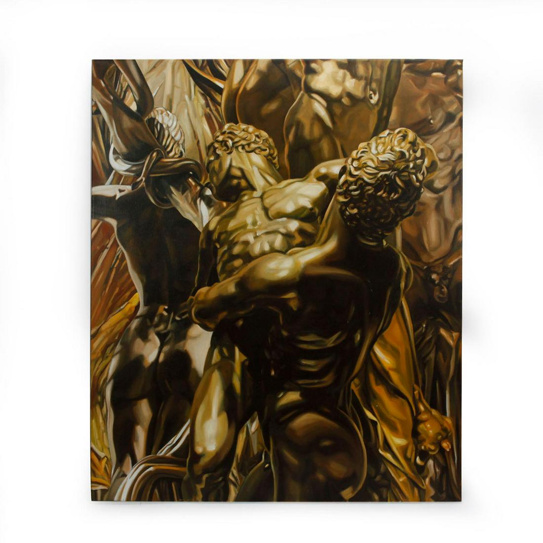OIL PAINTING BY JOSE PEDRO GODOY, NALGAS Y SALCHICHAS: Painting reminiscent of Roman statues that have come to life. Signed on the back. Artist: Josï¿½ Pedro Godoy Issued: 2010 Dimensions: 47"L x 39.5"W Country of Origin: Chile Provenance: David Farin 
