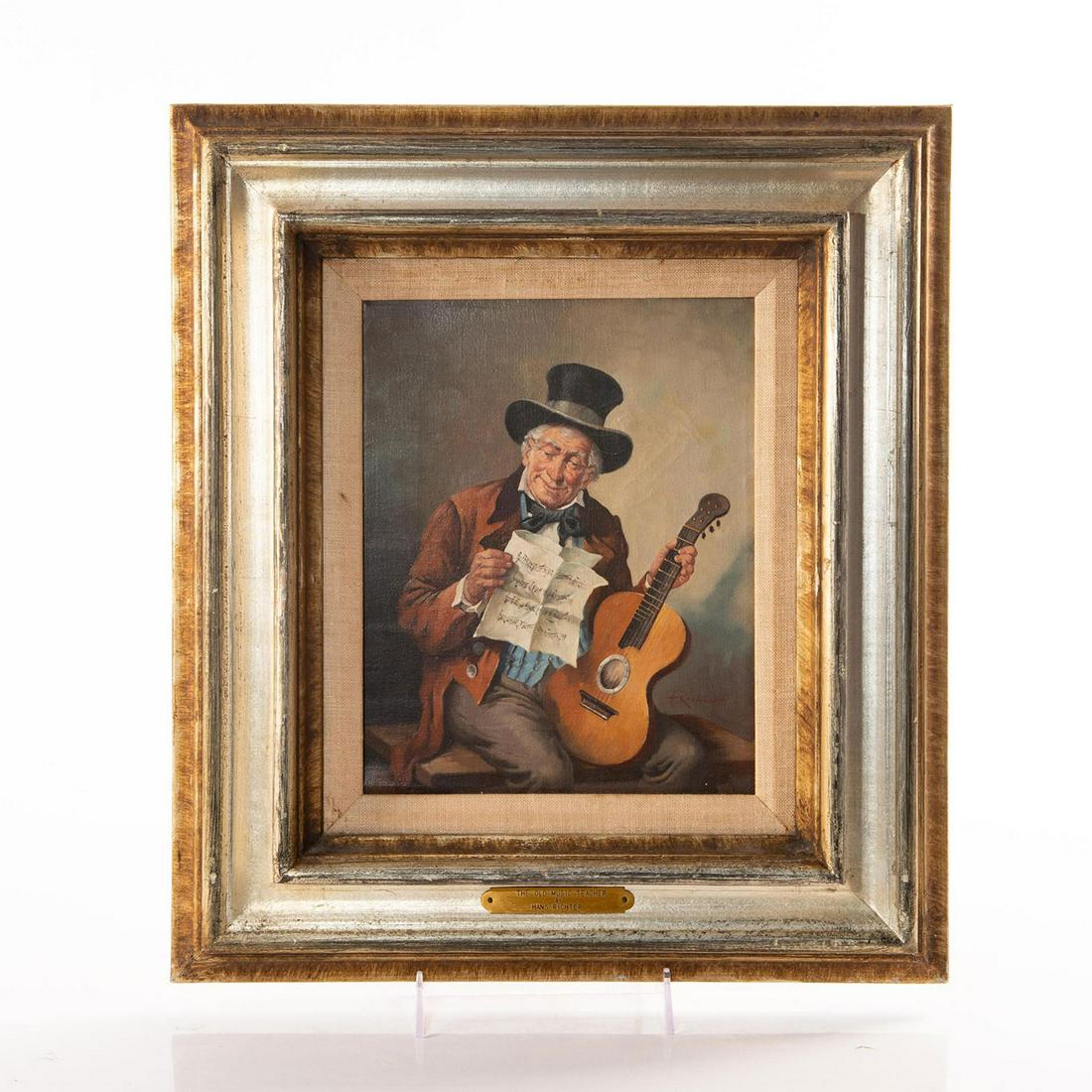 THE OLD MUSIC TEACHER PAINTING BY HANS RICHTER, SIGNED: Framed painting on canvas; man with guitar and music sheet. Signed on the lower right on piece. Hans Richter was born in Berlin. 7.5"W x 9.5"H, picture. Artist: Hans Richter Issued: 20th c. Dimensions