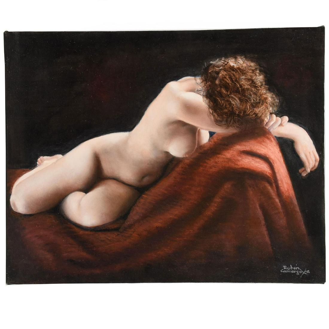 RUBEN CAMARGO OIL ON CANVAS, LUZ CALIDA: Nude on chaise lounge. Signed lower right. Artist: Ruben Camargo Issued: 2012 Dimensions: 16"H x 20"W