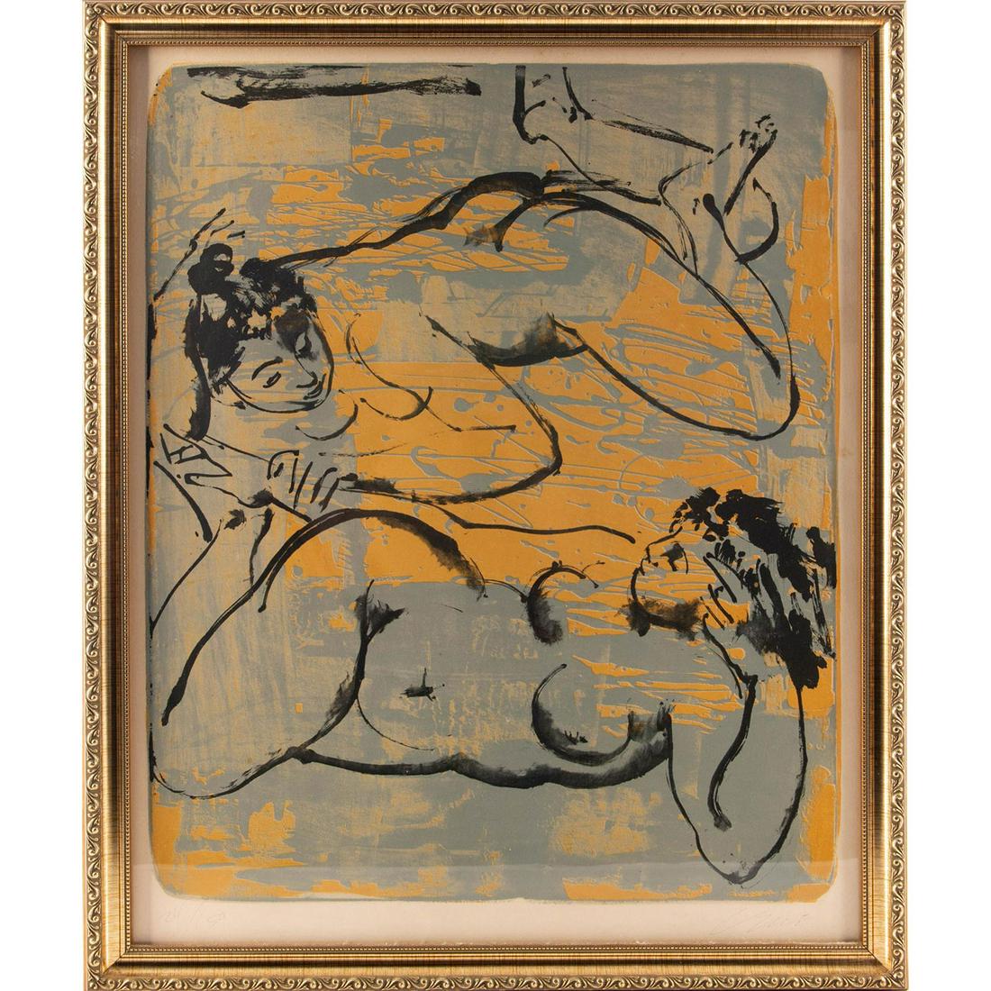 UNIQUE LITHOGRAPH OF TWO RUBENESQUE NUDE LADIES: Lithograph of two nude ladies reclining. Beautiful gilt wood frame. Bottom left reflects Edition 24/150. Issued: 20th c. Dimensions: 27"L x 22.5"W Edition Number: 24 Edition Size: 150