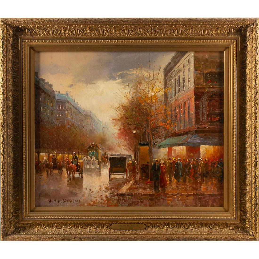 ANTOINE BLANCHARD OIL PAINTING, PARISIAN STREET: Oil on canvas; cityscape of a street in Paris. Signed lower left. Masterful use of warm colors and daubing techniques for texture. Housed in an ornate gilt frame. Frame holds gilt plaque that reads, A