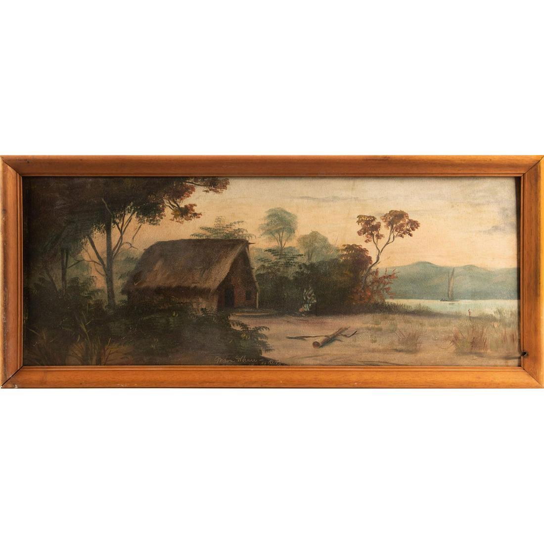 GEORGE DE RITZ PAINTING, MAORI WHARENUI: Painting on board. Features a Maori communal house by the river. Titled and signed by artist, lower middle. Maori people are indigenous Polynesian people of New Zealand. Housed in wooden frame. Wear t