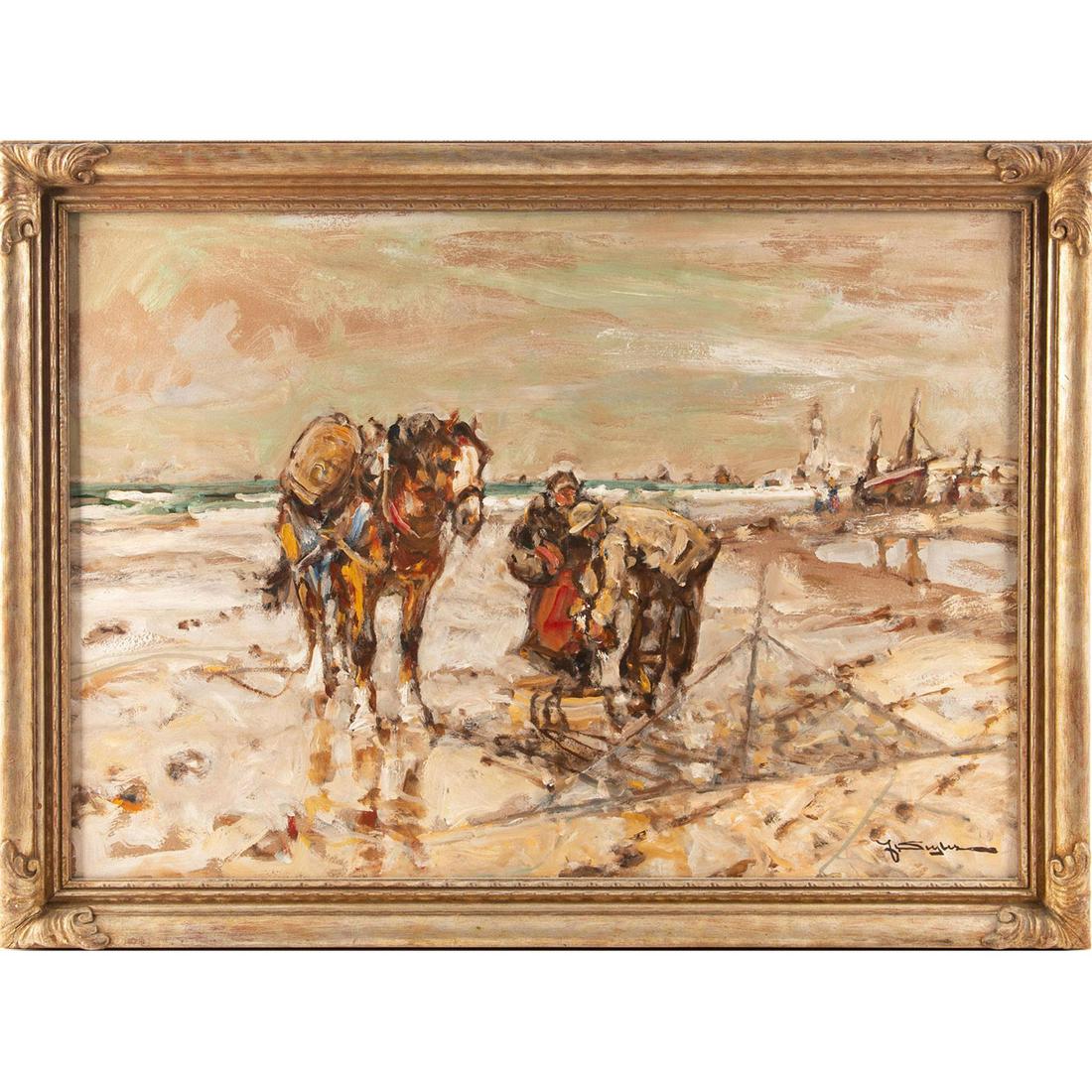 PAINTING OF EUROPEAN SEASIDE SCENE, HORSE AND PEOPLE: Painting of two people near the shoreline with a horse. Boats seen the distance. Rich gilt wooden frame. A few small hairline cracks in the frame. Issued: 20th c. Dimensions: 23.5"L x 30.5"W