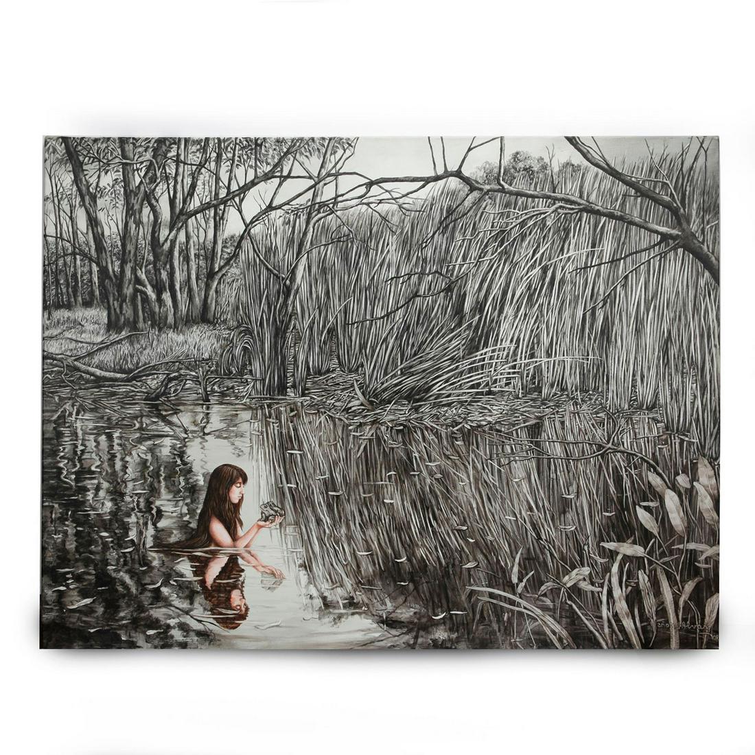ACRYLIC PAINTING OF YOUNG LADY IN RIVER HOLDING FROGS: A scene of a young lady in a river holding two frogs. Unusual black and white painting of reeds and trees around a river. The young lady in the river holding the frogs is in color. Artist signed J Alv