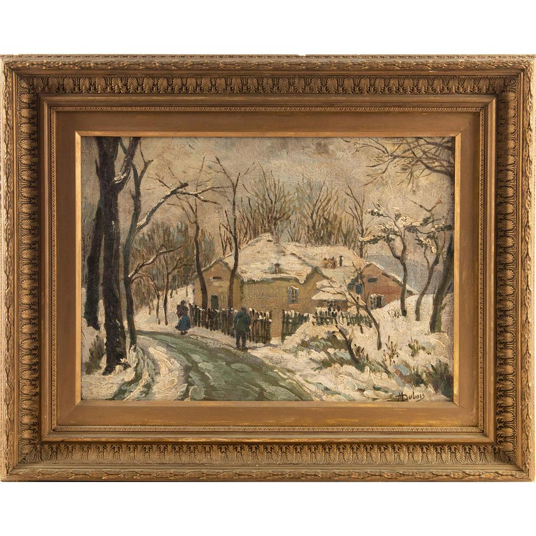 WINTER SCENE PAINTING BY CHARLES DUBOIS MELLY, SIGNED: Classic winter scene within a small town. Paint on canvas; framed. Artist signed on the lower right. Wear to frame. Artist: Charles Dubois Melly Issued: 20th c. Dimensions: 20"H x 25.5"W, framed