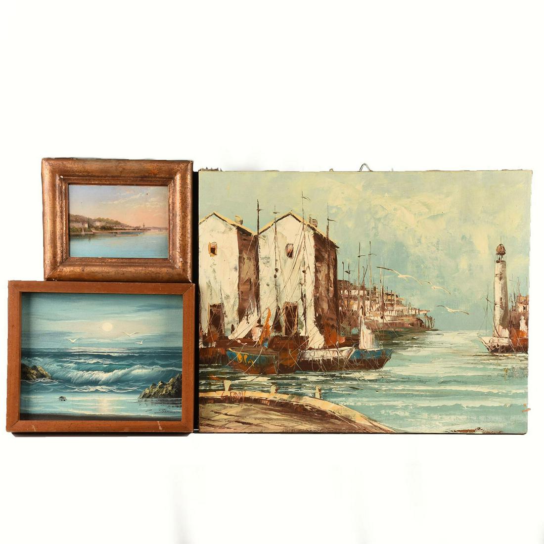 3 VINTAGE SEASCAPE PAINTINGS: Paintings on canvas and board. 2 pieces framed; 2 signed. Fine wall wart; coastal home decor. Serene pieces; pale ocean blue, navy blue, sandy beige and layered white highlights. Issued: 20th c. Dimen