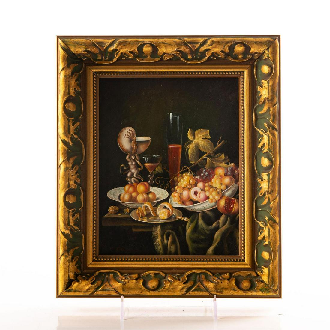 FRAMED T. BOWMAN STYLE, OIL ON BOARD: Still life. Gilded, hand carved wood frame. Artist signed. Hardware to back. Artist: T. Bowman Issued: 20th c. Dimensions: 12"H x 14"W