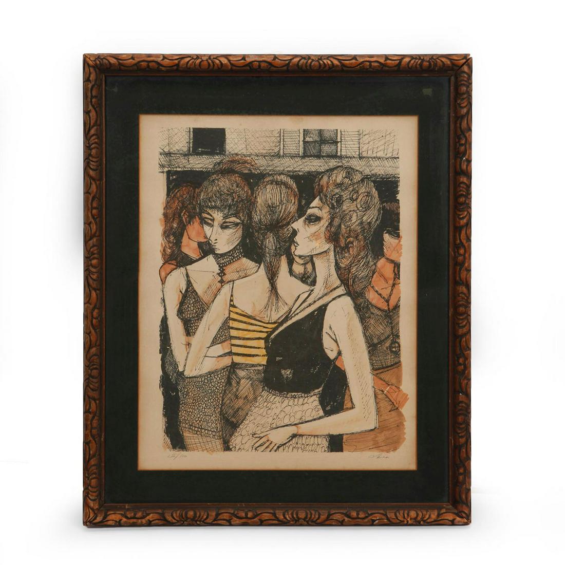 MIXED MEDIA DRAWING BY CHARLES LEVIER, LADIES OF THE: Drawing of ladies out and about in a carved frame. Signature and 12/110 is seen on the front. Artist: Charles Levier Issued: 1958 Dimensions: 27.5"L x 22.5"W Edition Number: 12 Edition Size: 110 Count