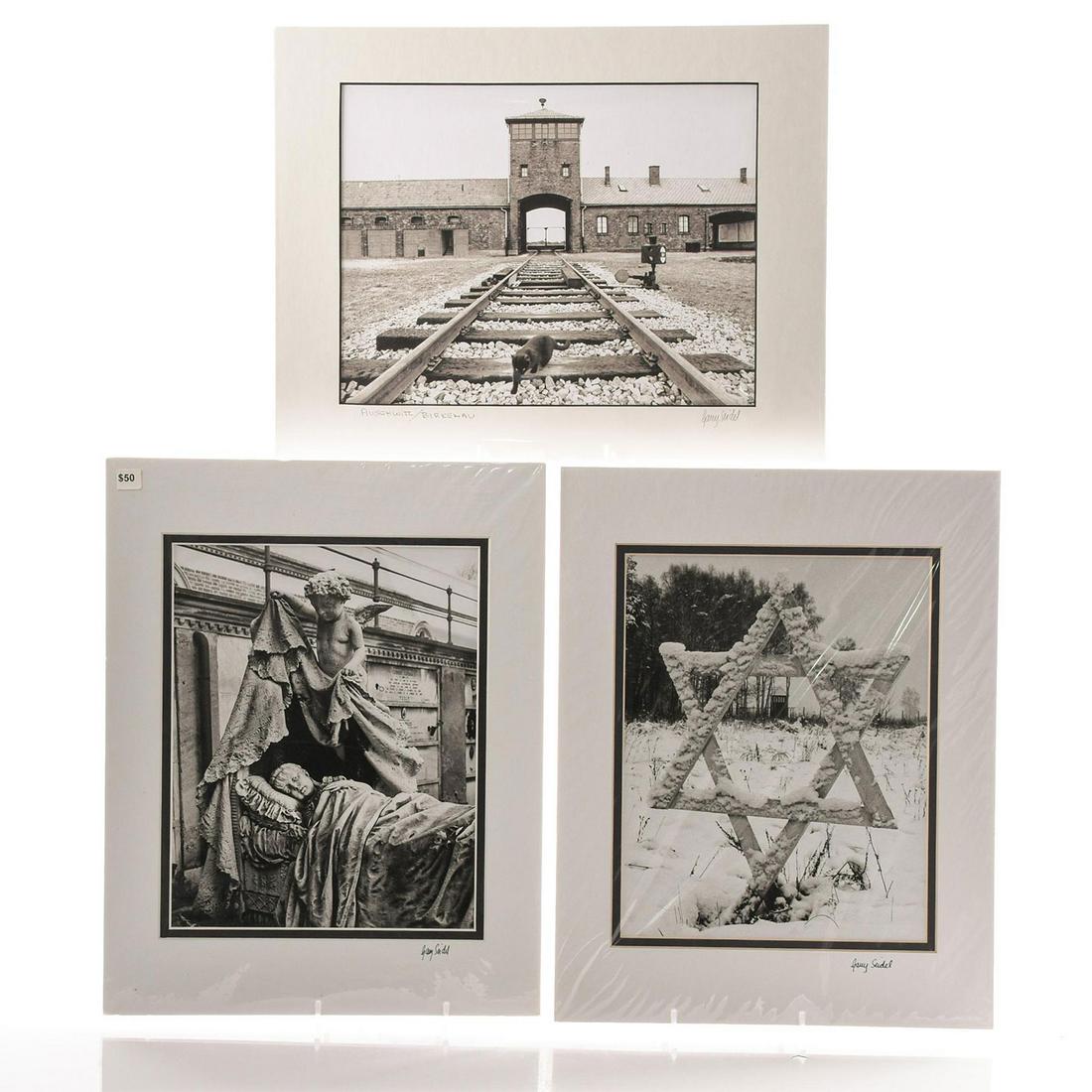 THREE PHOTOS BY GARRY SEIDEL, AUSCHWITZ AND NECROPOLIS: Three signed photos in matte board. Two were shot at Auschwitz-Birkenau. 'The Final Stop' is of the entrance to the concentration camp and the other 'Kanada Memorial' is a Star of David Memorial. The 