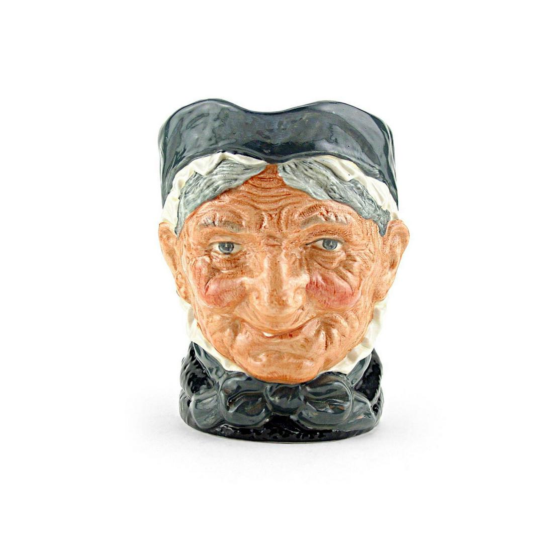 GRANNY D5521 - LARGE - ROYAL DOULTON CHARACTER JUG: Granny D5521 (dark grey and white coloration). Designed by Harry Fenton, issued 1941 - 1983. Size: 6.25"H (Large)The wimple on Style Two jugs is in waves under most of the hat. Manufacturer: Royal Dou