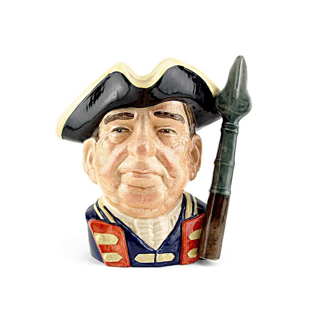 GUARDSMAN OF WILLIAMSBURG D6568 - LARGE - ROYAL DOULTON: Royal Doulton Character Jug, Guardsman of Williamsburg D6568 (dark blue and yellow hat and jacket). Designed by Max Henk. Series: Characters From Williamsburg, issued 1963 - 1983. Size: 6.75"H (Large)