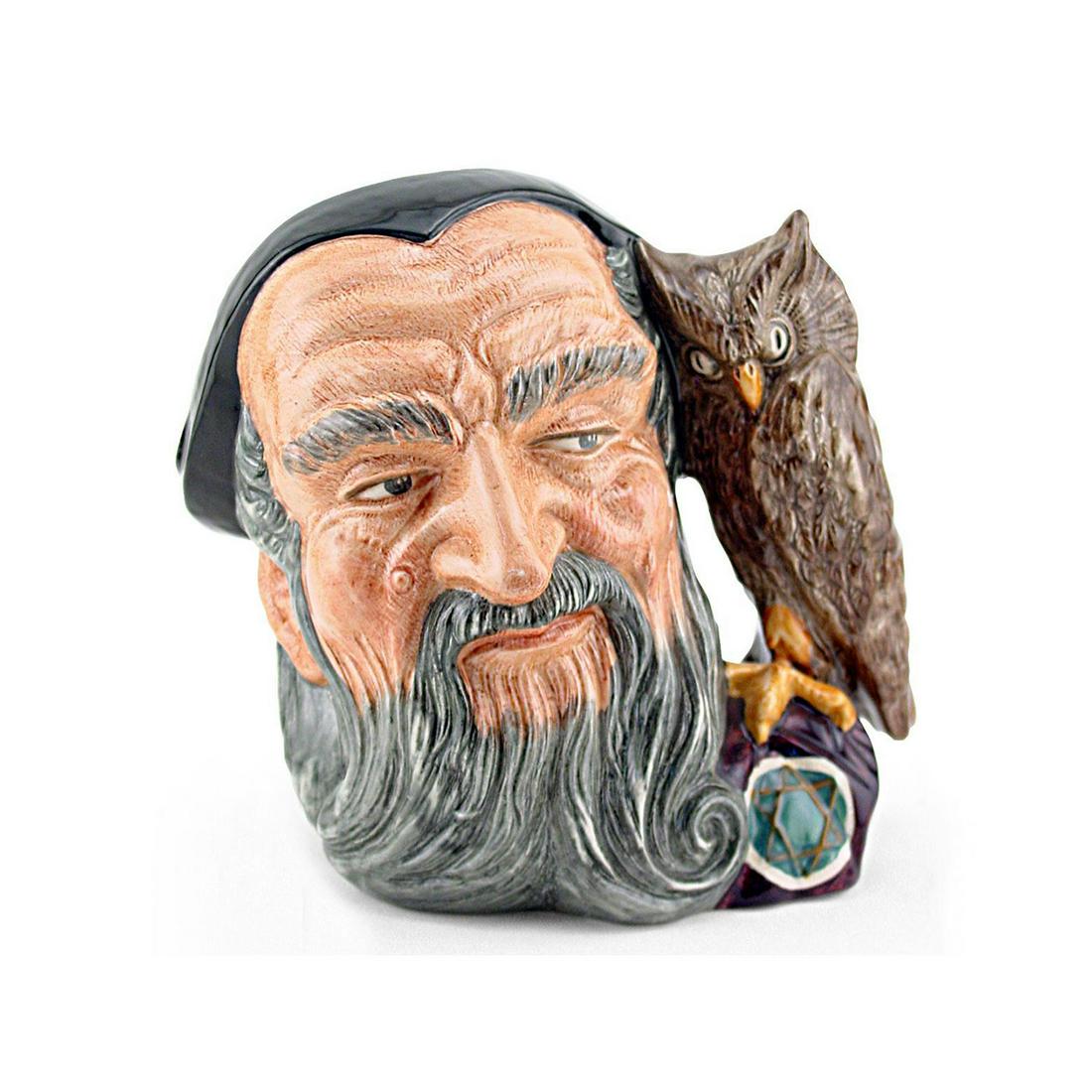 MERLIN D6529 - LARGE - ROYAL DOULTON CHARACTER JUG: Royal Doulton Character Jug, Merlin D6529 (black, grey and brown coloration). Designed by Garry Sharpe. Series: Characters From Literature; Mystical Characters, issued 1960 - 1998. Size: 7.25"H (Large