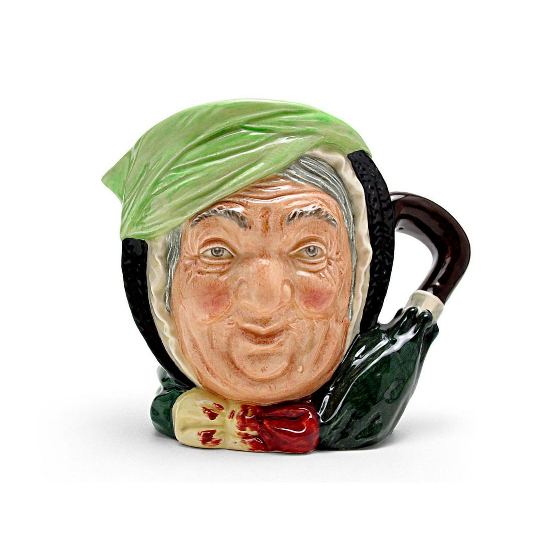 SAIREY GAMP D5451 - LARGE - ROYAL DOULTON CHARACTER JUG: Sairey Gamp D5451 (black hair, light green band, dark green coat, yellow and burgundy bow). Designed by Leslie Harradine and Harry Fenton. Series: Charles Dickens' Characters, issued 1935 - 1986. Size