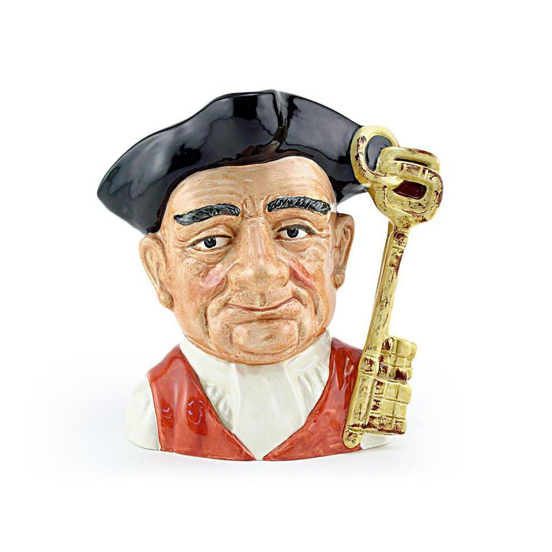 GAOLER D6577 - SMALL - ROYAL DOULTON CHARACTER JUG: Royal Doulton Character Jug, Gaoler D6577 (black tricorn; white shirt; red vest). Designed by David B. Biggs. Series: Characters From Williamsburg, issued 1963 - 1983. Size: 3.75"H (small) Manufacture
