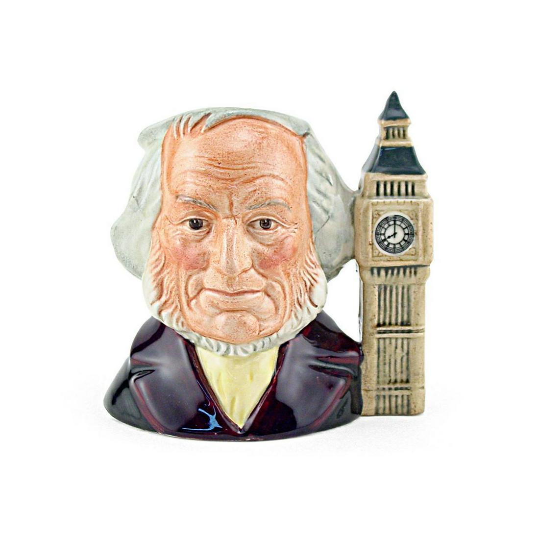 JOHN DOULTON 8 O'CLOCK D6656 - SMALL - ROYAL DOULTON: John Doulton 8 O'clock handle D6656 (black coat with purple collar; lemon cravat; Big Ben is light brown). Designed by Eric Griffiths. Series: RDICC, issued 1980 - c.1982. Size: 4.25"H (Small)Starting