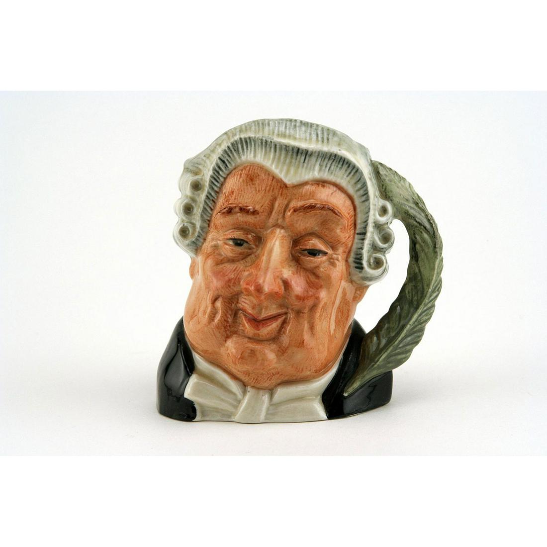 LAWYER D6504 SMALL ROYAL DOULTON CHARACTER JUG: Royal Doulton Character Jug, Lawyer D6504 (grey wig; black robes; white shirt). Designed by Max Henk, issued 1959 -1996. Size: 4"H (small) Manufacturer: Royal Doulton Country of Origin: England