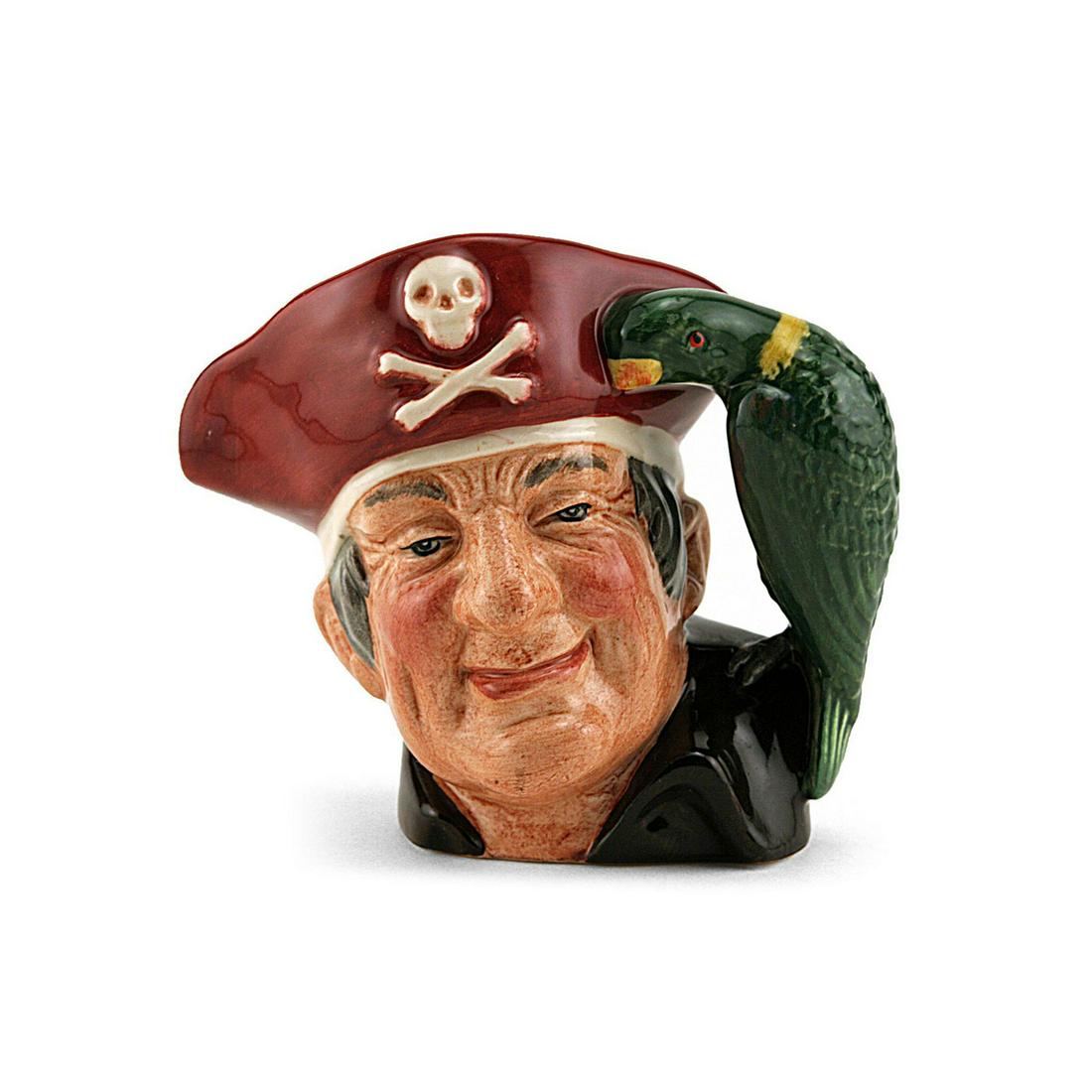 LONG JOHN SILVER D7138 (TREASURE CHEST BACKSTAMP -: Royal Doulton Character Jug, Long John Silver Colorway (Treasure Chest Backstamp) D7138 (Dark brown shirt; crimson hat; green parrot). Designed by Max Henk. Series: Michael Doulton Events, issued 1999