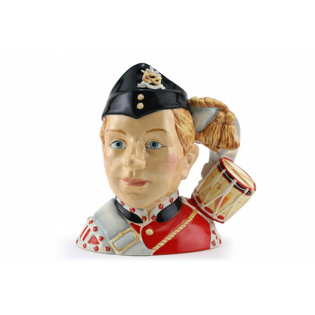 NORTH STAFFORDSHIRE DRUMMER BOY D7211 - SMALL - ROYAL: Royal Doulton Character Jug, North Staffordshire Drummer Boy D7211 (red, white, black, light brown, and grey coloration). Designed by Unknown. Series: ICC, issued 2005 - 2005. Size: 5.5"H (Small)The N