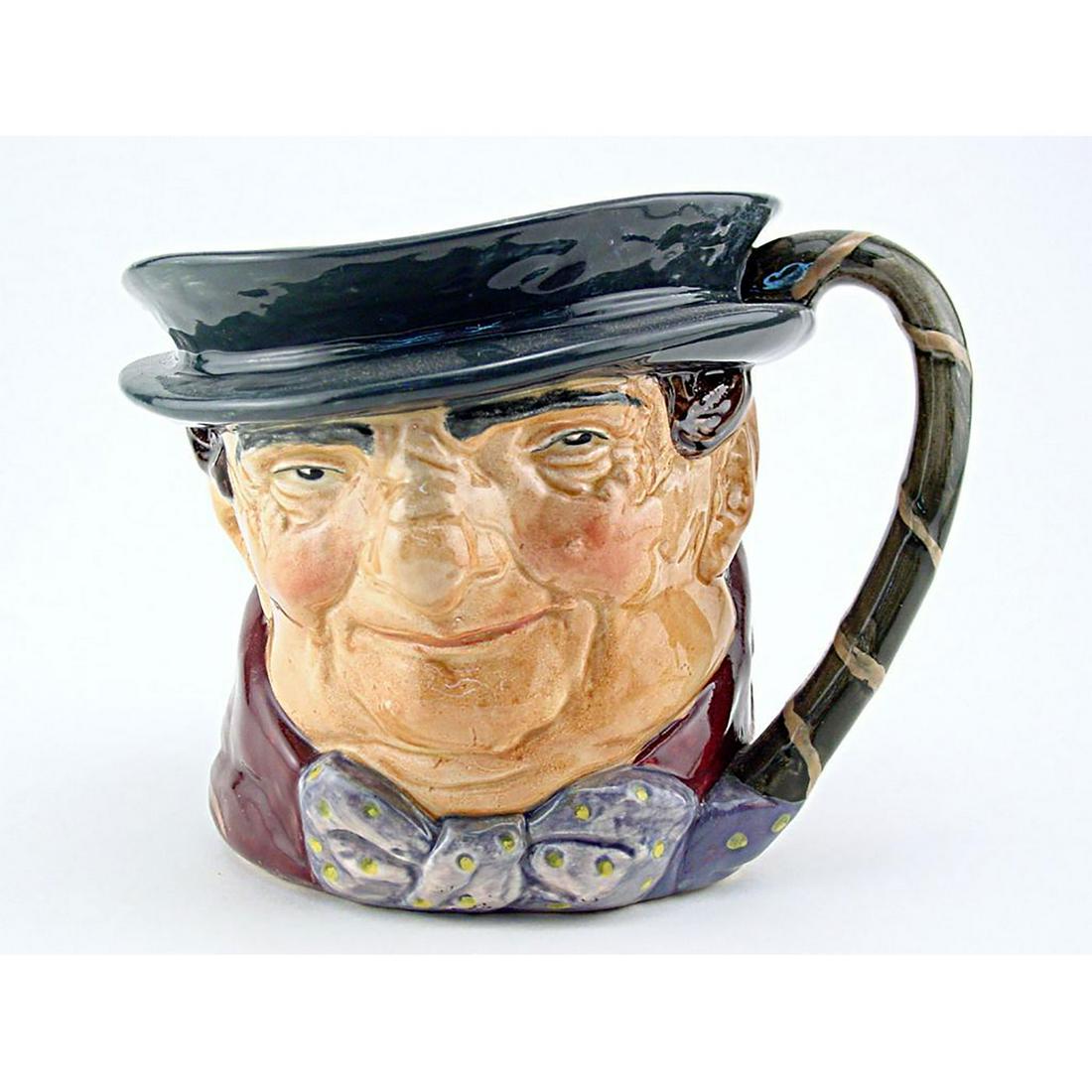 TONY WELLER D5530 - SMALL - ROYAL DOULTON CHARACTER JUG: Tony Weller D5530 (dark grey hat; maroon coat; grey-white bow with yellow spots). Designed by Leslie Harradine and Harry Fenton. Series: Charles Dickens; Characters, issued 1936 - 1960. Size: 3.25"H (