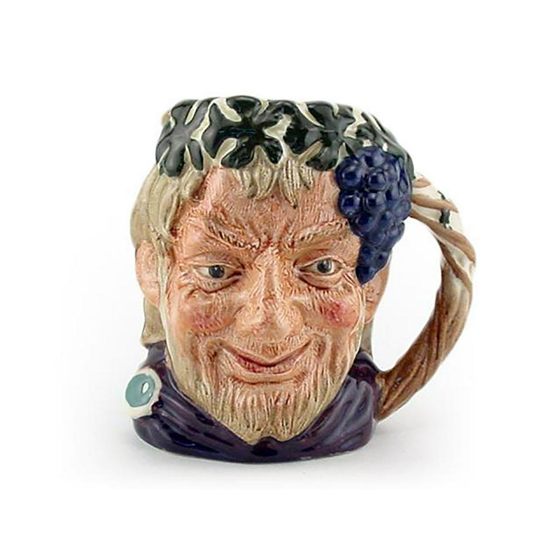 BACCHUS D6521 - MINI - ROYAL DOULTON CHARACTER JUG: Royal Doulton Character Jug, Bacchus D6521(maroon robes; green leaves and purple grapes adorn the head). Designed by Max Henk, issued 1960 - 1991. Size: 2.5"H (mini)In Greek and Roman mythology, Bacch
