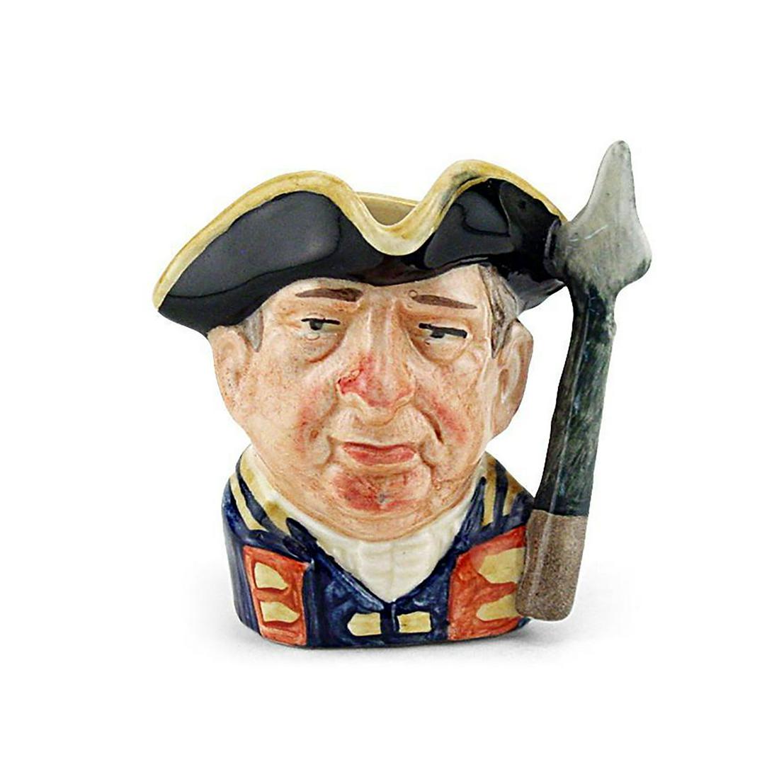 GUARDSMAN FROM WILLIAMSBURG D6582 - MINI - ROYAL: Royal Doulton Character Jug, Guardsman Williamsburg D6582 (dark blue and yellow hat and jacket). Designed by Max Henk. Series: Characters from Williamsburg, issued 1963 - 1983. Size: 2.5"H (mini) Manu