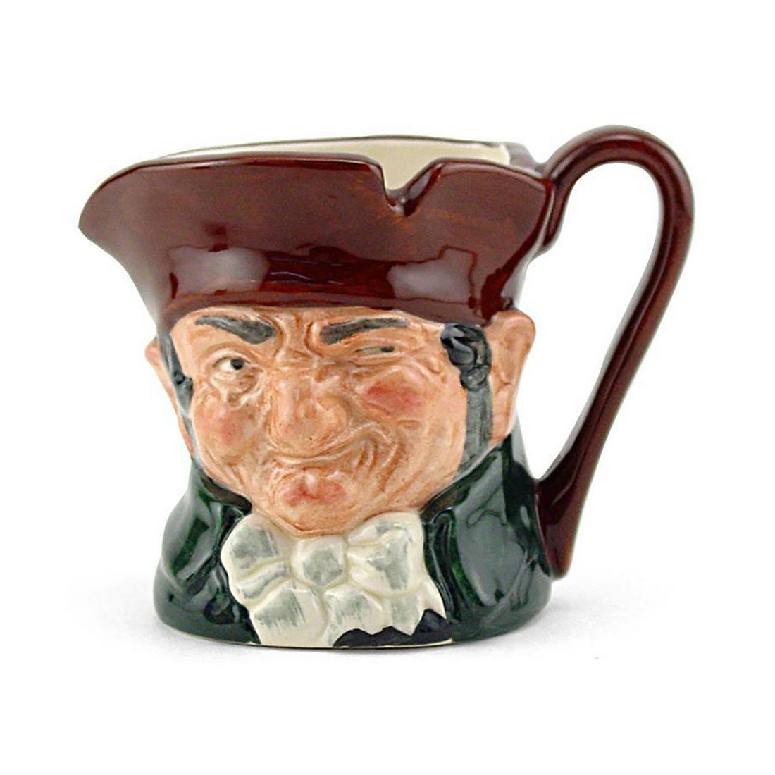 OLD CHARLEY D6046 - MINI - ROYAL DOULTON CHARACTER JUG: Royal Doulton Character Jug, Old Charley D6046 (brown hat; dark green coat; blue polka-dot bow tie). Designed by Charles Noke, issued 1939 - 1983. Size: 2.25"H (mini)"Ten o'clock and all's well" was t
