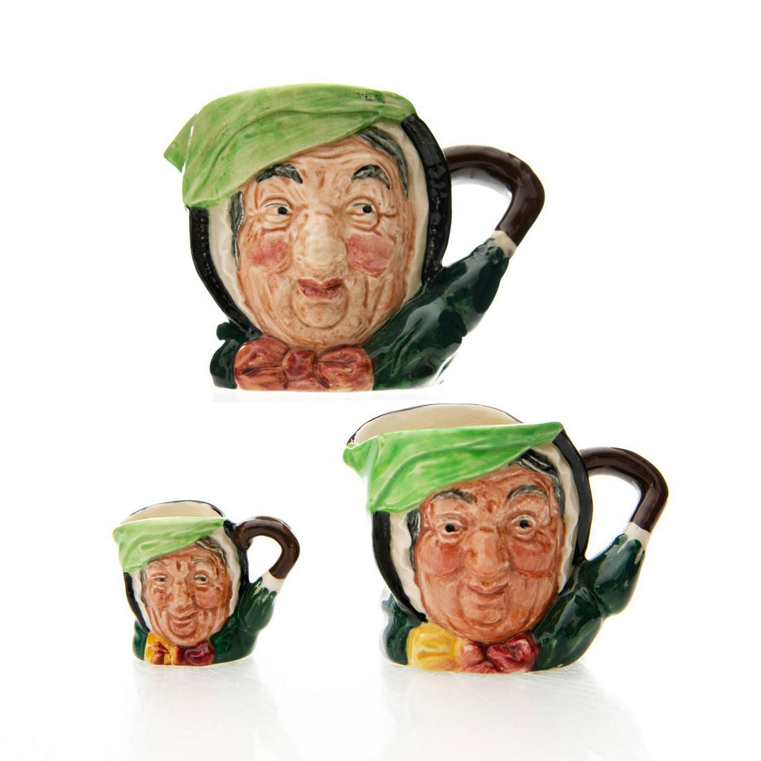 3 ROYAL DOULTON CHARACTER JUGS, SAIREY GAMP: Small size D5528, Mini size D6045 and Tiny size D6146. Royal Doulton backstamp. Artist: Leslie Harradine, Harry Fenton Issued: Mid to late 20th c. Dimensions: 3.25"H Manufacturer: Royal Doulton Countr