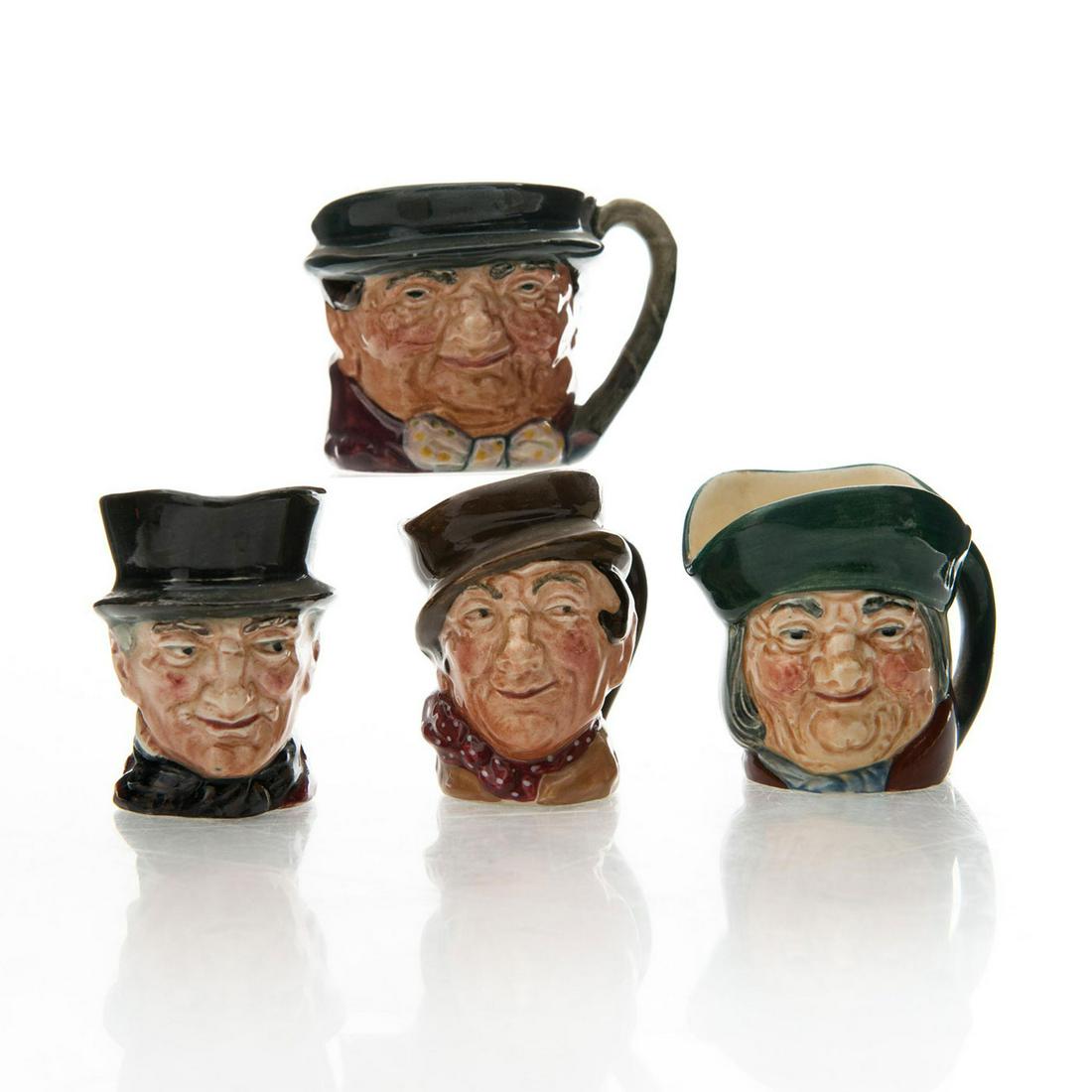 4 ROYAL DOULTON DICKENS MINIATURE CHARACTER JUGS: Includes Toby Philpots, Sam Weller, Tony Weller and John Peel. Royal Doulton backstamp. Issued: 20th c. Dimensions: 2.75"H, tallest Manufacturer: Royal Doulton Country of Origin: England
