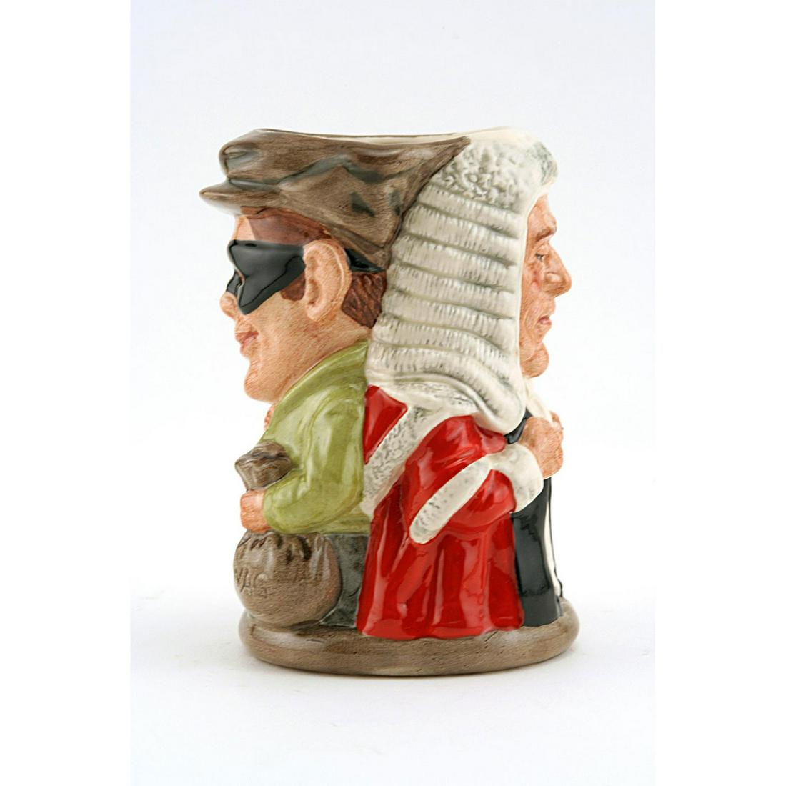 JUDGE AND THIEF D6988 - ROYAL DOULTON TOBY JUG: Royal Doulton Toby Jug, Judge and Thief D6988 (red, white, black and brown coloration). Designed by Stanley J. Taylor. Series: Two-sided Tobies, issued 1995 - 1998. Size: 5.25''H (small) - Two-Sided S