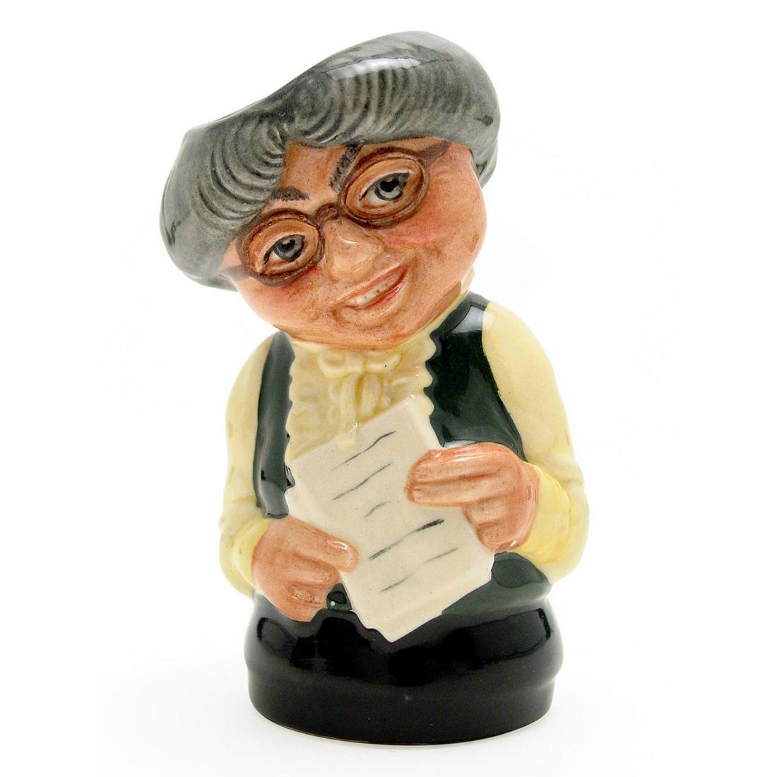 MISS STUDIOUS THE SCHOOLMISTRESS D6722 - ROYAL DOULTON: The Doultonville Collection. Yellow blouse; green waistcoat; dark burgundy skirt. Artist: William K. Harper Issued: 1985-1991 Dimensions: 4"H Manufacturer: Royal Doulton Country of Origin: England
