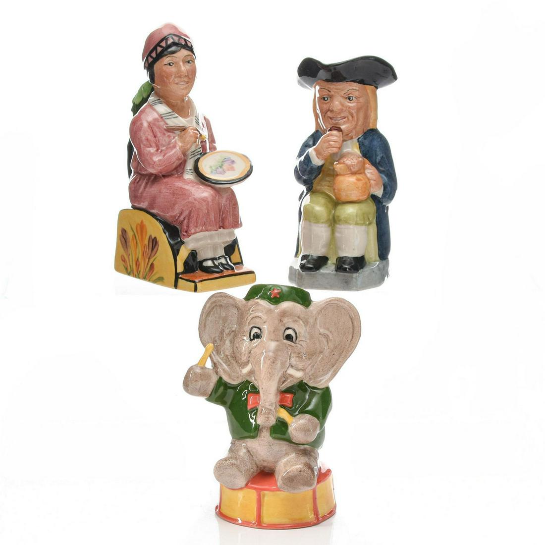 3 KEVIN FRANCIS MINI CHARACTER TOBY JUGS: Clarice Cliff, Ralph Wood and limited edition Mini Elephant. Clarice Cliff and Ralph Wood 1993 Guild issue. Mini Elephant in a limited edition of 1000. Signed by artist Andy Moss. Kevin Francis backst