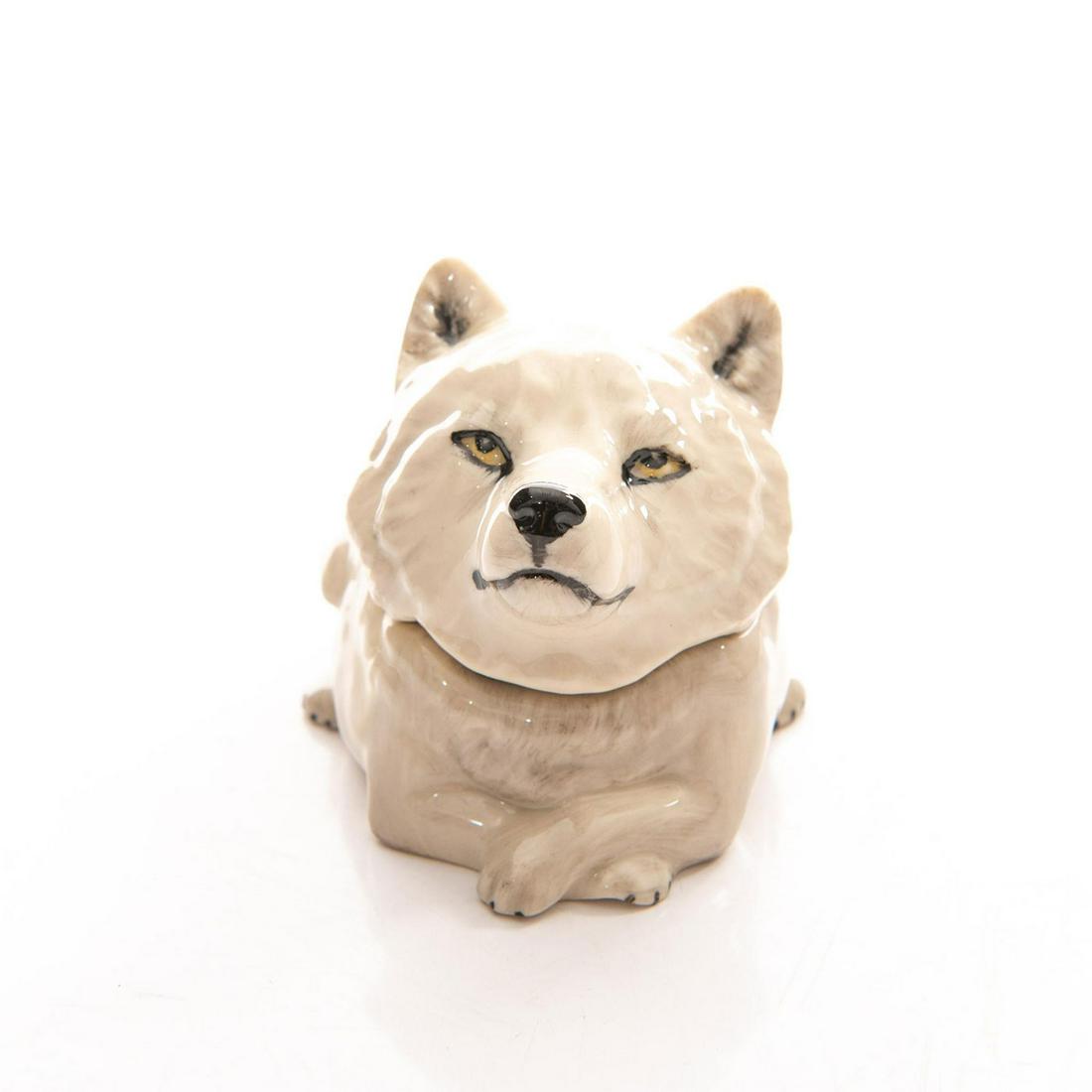 KEVIN FRANCIS LIDDED FACE POT, TIMBRAI THE WHITE WOLF: Ltd of 350. Interior marked TIMBRAI THE SPIRIT OF THE WOODS. With original box. Includes Certificate of Authenticity. Kevin Francis backstamp with limited edition size and number. Artist: Kevin Franci