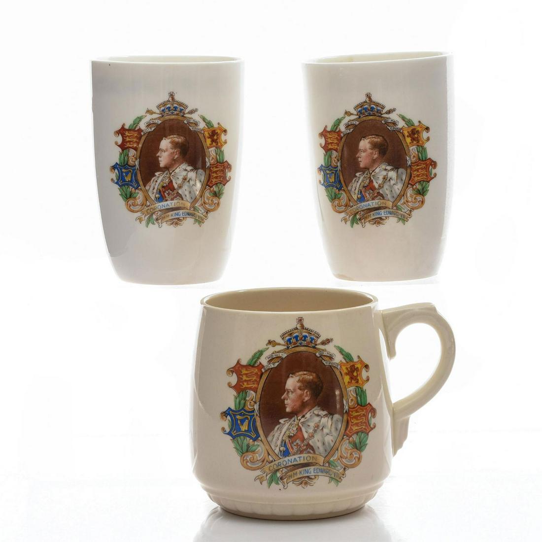 GROUP OF 3 ROYAL DOULTON COMMEMORATIVE CUPS EDWARD VIII: Commemorating the Coronation of King Edward VIII 12th May 1937. Royal Doulton backstamp. Issued: 20th c. Dimensions: 3.75"H, tallest Manufacturer: Royal Doulton Country of Origin: England
