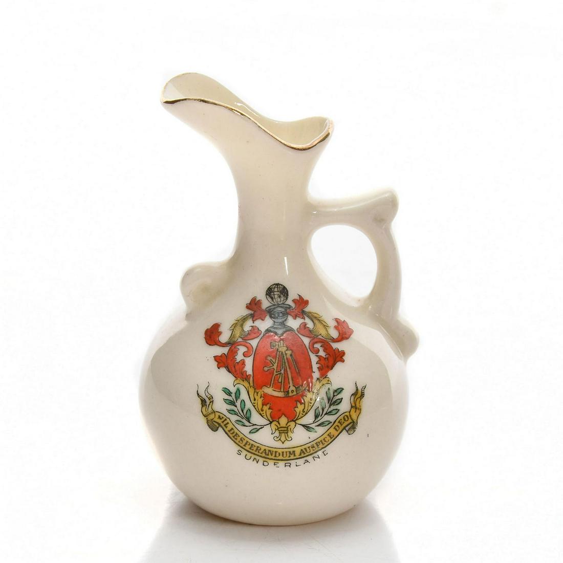 CARLTON CRESTED CHINA HANLEY PHOENICIAN VASE,: Glazed white china with gilt and other decoration. Carlton stamp. Issued: c. 1950 Dimensions: 2.75"H Manufacturer: Carlton Country of Origin: England