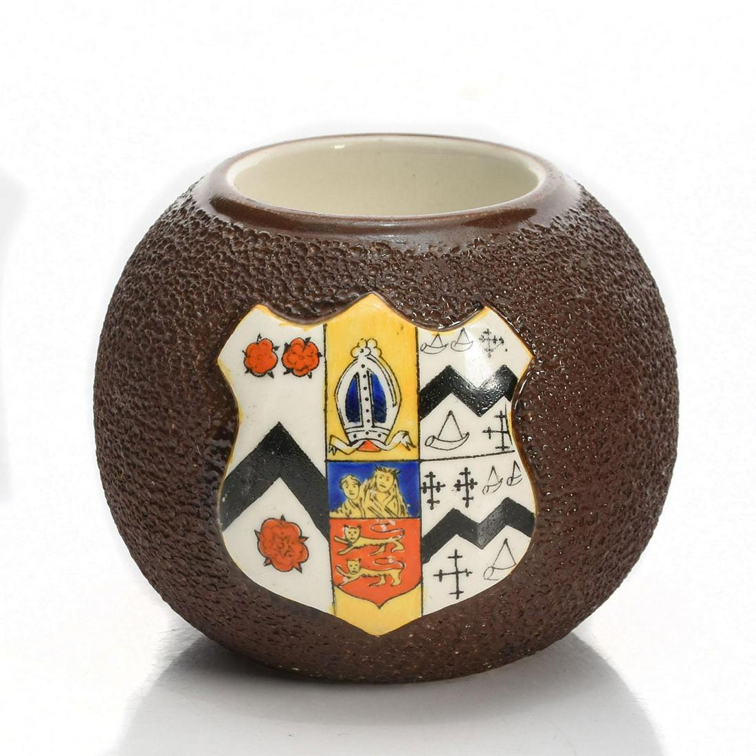 CARLTON CRESTED CHINA MATCH STRIKER & HOLDER, OXFORD: Glazed ceramic with textured striking surface. Carlton stamp. Issued: c. 1950 Dimensions: 2.75"H Manufacturer: Carlton Country of Origin: England