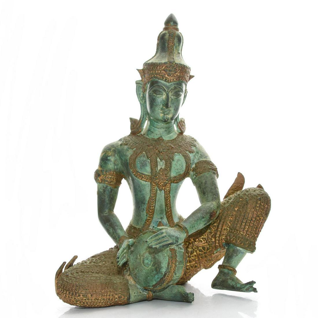 BRONZE THAI DEITY FIGURE SEATED PLAYING DRUM: Rich patina with gold gilt. Issued: 20th c. Dimensions: 7.5"H Provenance: David Farin Collection