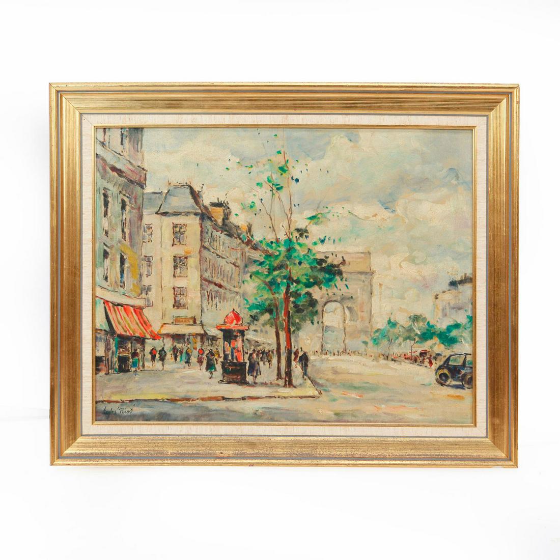 ANDRE PICOT PARISIAN STREET PAINTING, SIGNED: Paint on canvas; housed in gilt frame. Street in Paris. Signed lower left. Wear to frame. Artist: Andre Picot Issued: 20th c. Dimensions: 20"H x 24"W Provenance: David Farin Collection