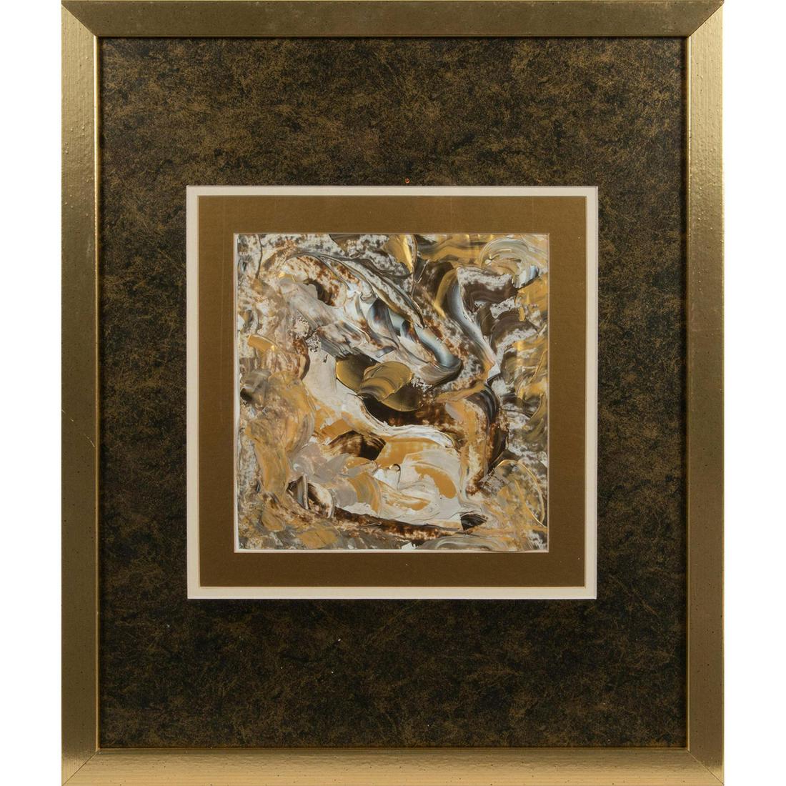 CONTEMPORARY ABSTRACT PAINTING: Contemporary oil on paper painting. A P. Allen, Abstract painting with gold, white, brown, and gray tones. Work has some creasing which adds texture. Framed in 1"W x .5"D good color wood frame and tri
